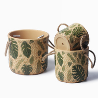 Pot de fleurs en céramique rétro, imitation texture tissée, imprimé feuille de Monstera, pot rond pour plantes vertes, roses, cactus, décoration intérieure