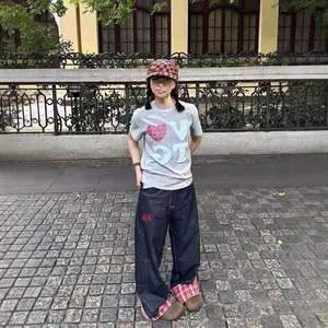 Jeans en denim à ourlet roulé, patchwork à carreaux américains, pour hommes, printemps automne, nouveau, jambe large, droit, ample, taille basse, style streetwear - Product Image 2