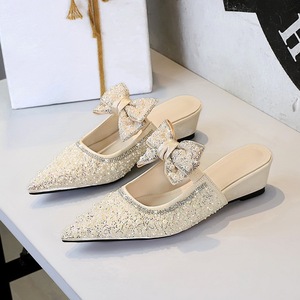 Zapatos de tacón de cuña con punta y perlas de imitación para mujer, sandalias elegantes para exteriores - Product Image 2