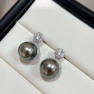 Venta al por mayor de fábrica: Pendientes de perlas tahitianas de alta calidad, 9-10 mm, verde intenso con tono, perlas de agua de mar, joyería de plata para mujer - Product Image 1