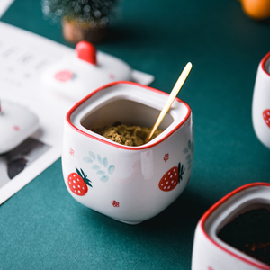 Retail Wholesale Vintage Cartoon Porcelain Eco-Friendly Seasoning <strong>Pot</strong> Set Spoon Hand-Painted Strawberry Blue <strong>Fish</strong> Pattern - Product Image 2