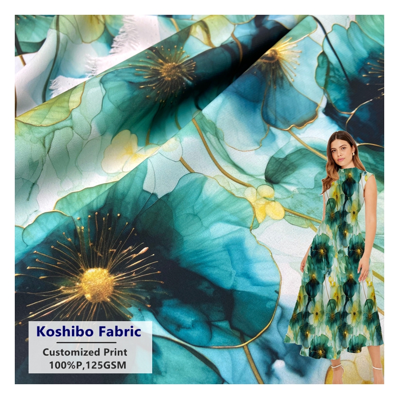 open lace back dress Aqua Blue Floral Printed Polyester Fabric For Dresses