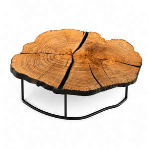 Mesa de Centro Redonda de Madera de Arce Maciza con Borde Natural y Base de Metal Negro, Muebles Rústicos Modernos para Sala de Estar, Indonesia - Product Image 1