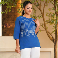 Blus Wanita Premium Berkualitas Tinggi, Kasual, Bahan Linen Biru Bordir, Lengan Tiga Perempat, Kancing Setengah