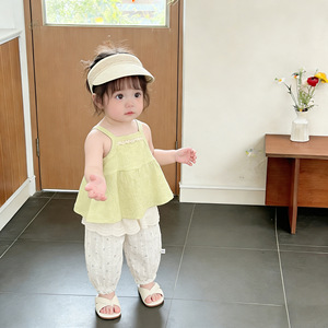 Traje de Verano Fresco para Niña, Estilo Coreano, Top Fresco con Tirantes, Pantalones de Algodón Antimosquitos para Bebé - Product Image 3