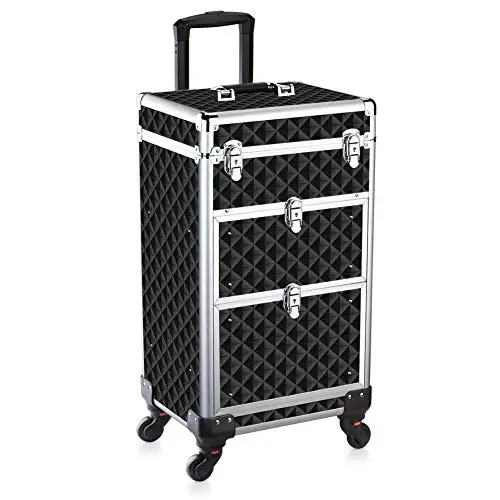 Professional New Rolling Beauty Case Trolley Cosmetic Case with 4 wheels Aluminum Cosmetic Train Case with locks