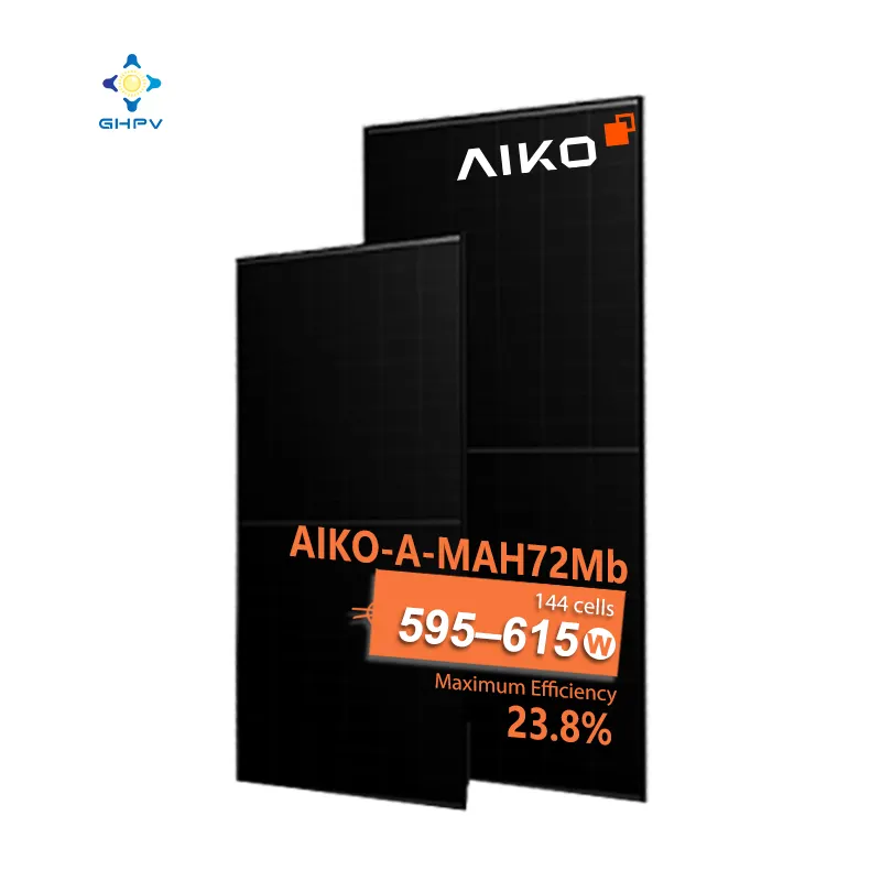 تقنية جديدة من Aiko وحدة كهرضوئية Aiko-A-Mah72Mb 595W 600W 605W 610W 615W لوح شمسي ذو فتحة سوداء من النوع N Abc لنظام الطاقة الشمسية