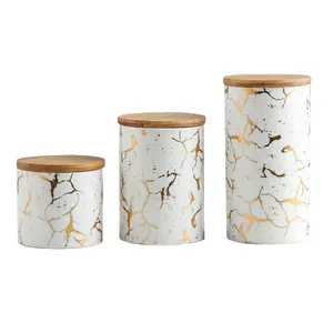 Nordic Marble Sealed Pot with Wooden Cover Ceramic Storage Pot Coffee Tea Candy Pot Sealed cans