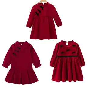 Fuyu Hot Sale Christmas Baby Girl Children Red Long Sleeve Dress Toddler Girl Kids Ruffles Golden Velvet Bow Dress
