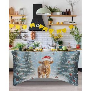 Belle hiver Highland bétail Spandex couverture de Table bleu clair arbre de noël scène de neige pour Rectangle vaisselle décorations - Product Image 3