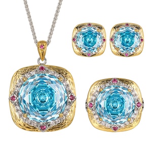 Fashion Eco-friendly Copper Rose Cut 18-14mm Sea Blue Cubic Zirconia Jewelry Set <b>Delicate</b> Pendant Earrings Ring Set for Women - Product Image 1