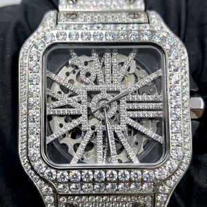Montre-bracelet de luxe pour homme, personnalisée, en gros, entièrement sertie de diamants, style Santos, cadran squelette automatique, en acier inoxydable - Product Image 1
