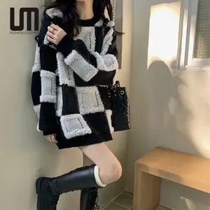 Liu Ming Hot Selling Producten 2024 Dameskleding Streetwear Stijlvolle Plaid Patchwork Dikke Warme Koreaanse Losse Truien