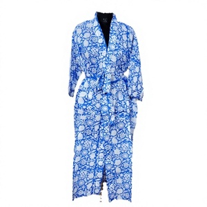 Cómodo Kimono de Algodón 100% con Estampado Floral Azul para Mujer, Cuello en V, Cierre con Cordón, Manga Larga, Suave y de Secado Rápido para Primavera - Product Image 1