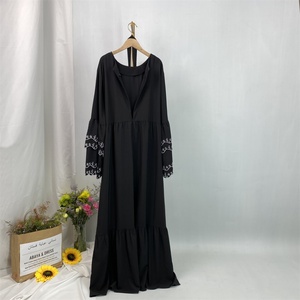 Cute Crew Neck With White Flowers Embroidery Double Layers Trumpet Sleeves Muslim Islamic Women Abaya Dress 6110# - Product Image 3
