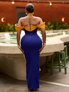 Vestido de Noche Formal de Gala, Estilo Sirena, de Terciopelo Cristalizado con Ribete Dorado Azul Rey, Escote en V, Ajustado al Cuerpo, Modelo LM D115 - Product Image 5