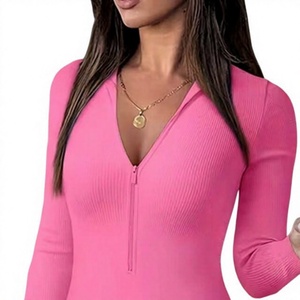 Combinaison longue en tricot rose pour femme avec fermeture éclair avant, taille haute, effet gainant, idéale pour le yoga et les soirées en club - Product Image 2