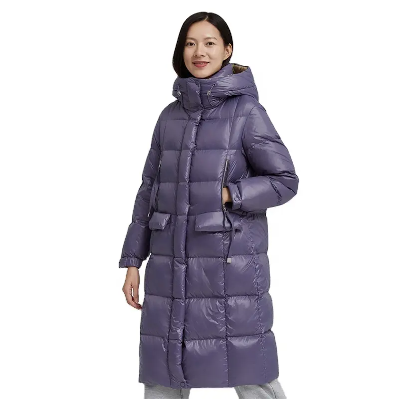 Winter trend custom long hooded zipper coat shiny down puffer jacket for women