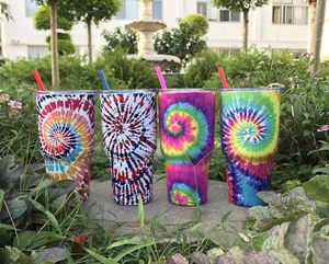 Gobelet isotherme en acier inoxydable 30 oz avec couvercle, poignée et paille, motif floral tie-dye coloré, pour café et eau, idéal pour la voiture, les voyages et les fêtes - Product Image 2