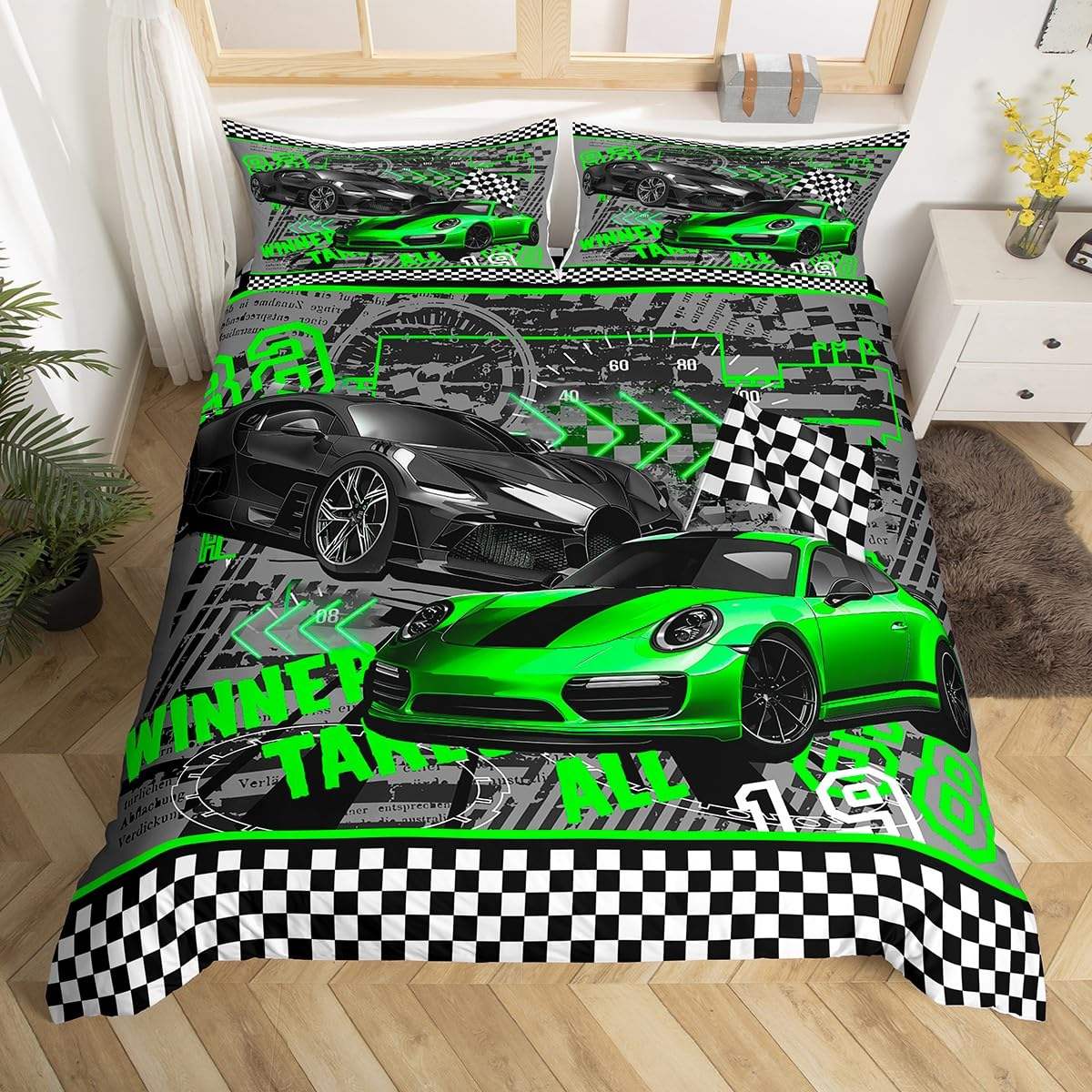 Kids Race Car Duvet Cover Set,Children Breathable Green Sports Car