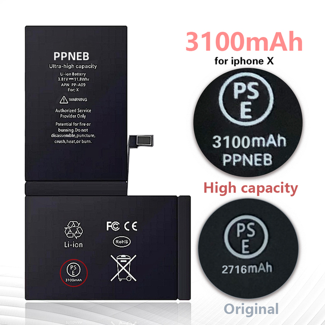 Hot Selling Wholesale Mobile Phone Battery 100% Healthy High Quality 3100mAh High Capacity Battery for iPhone X Batterie iPhone