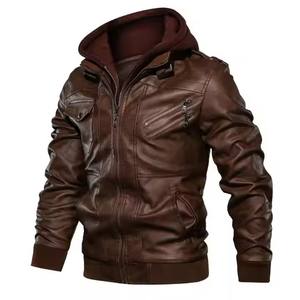 Oem Manufacturer Men's Winter Genuine Vintage PU Leather <b>Jacket</b> With Hooded Sweatshirt European American Style Zipper Pocketed - Product Image 4