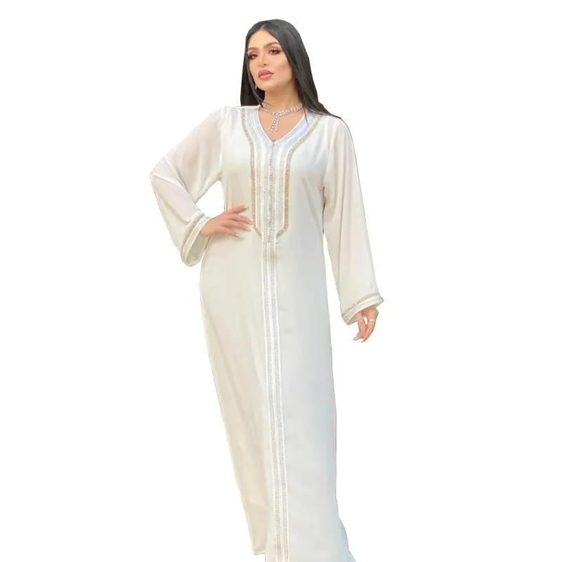 Islam Kleding Moslim Vrouwen 2 Stuks Set Wit V-hals Marokkaanse Dame Abaya Dubai Lange Kaftan Jurk