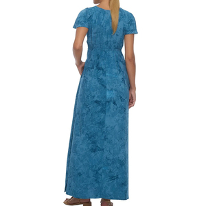 Robe longue d'été sur mesure élégante en jean de rayonne de haute qualité, imprimé plage délavé, col en V profond et cordon de serrage - Product Image 3