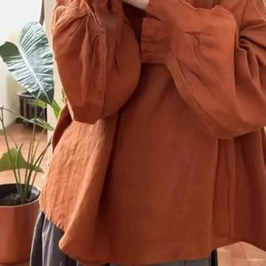 Nuova camicetta di <span class=keywords><strong>lino</strong></span> 100% con maniche a lanterna <span class=keywords><strong>arancione</strong></span> da <span class=keywords><strong>donna</strong></span> in puro stile francese Cool look di fascia alta estetica Top Pullover largo - Product Image 2
