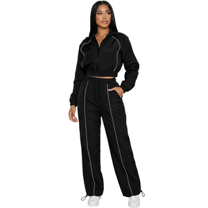 Conjunto Deportivo Unisex Negro, Manga Larga, Cierre Frontal, Corte Regular, Color Sólido, Bolsillos Laterales, Ropa Deportiva Casual, Otoño, Impermeable - Product Image 1