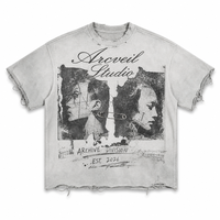 Kaos Grafis Vintage Acid Wash dengan Cetakan Potret Safety Pin, Kaos Pria Katun Tebal Distressed, Custom Pabrik, Grosir