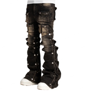 Pantalon cargo en jean pour homme, coupe bootcut, coupe skinny, effet délavé soleil, délavé à l'acide, effet vieilli, avec logo de marque personnalisé, style empilé - Product Image 3