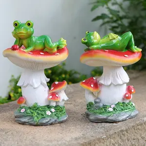 Figuras de rana de resina, estatuas de jardín, decoración de animales al aire libre, Rana encantadora con hongo para jardín, Patio