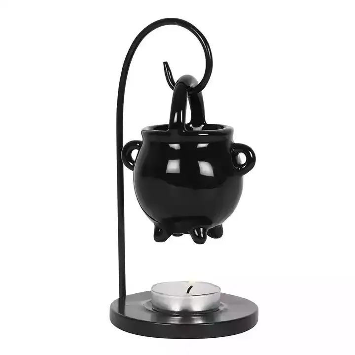 Wholesale Hanging Black Cauldron Shape Ceramic Oil Burner Ceramic Wax Melt Burner With Iron Shelf Aroma Wax Burner