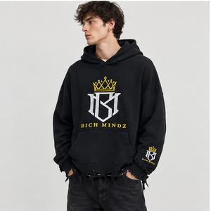 Custom Blank Vintage Distressed <b>Pullover</b> <b>Mens</b> Disstressed Embroidered 400gsm Ripped Hoodie - Product Image 3