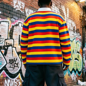 Manufacturer Custom Vintage Print Polo Shirt Men Boxy Fit Rugby Style Striped Thermal Cotton Casual Streetwear <b>Tshirt</b> Men - Product Image 2