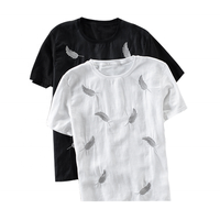 Nouveau T-shirt en coton style unisexe à manches courtes avec broderie plume