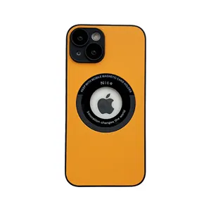Logo delik Pu deri manyetik kablosuz şarj Lens koruma ile cep telefonu kılıfı iPhone 14 13 Pro Max telefon kapak