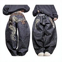 Jean en denim brut noir oversize pour homme, coupe baggy, broderie Phénix, jambe large, style vintage gothique streetwear