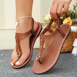 Sandalias planas de cuero de lujo a la moda de playa de verano, sandalias deslizantes para mujer, chanclas de diseñador con punta abierta para mujer, zapatillas - Product Image 1