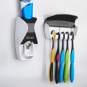 Wholesale Eco-Friendly Plastic Wall Mount 5 Slot Toothbrush Hanger Dispenser Automatic <b>Toothpaste</b> Squeezer Modern Two-Piece Set - Product Image 3