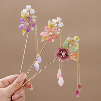 Élégante Pince à Cheveux de Style Chinois avec Pompon, Bâtonnet à Cheveux Traditionnel à Motif Floral, Accessoire de Coiffure, Bijou pour Femme, Épingle à Cheveux, Aiguille à Cheveux