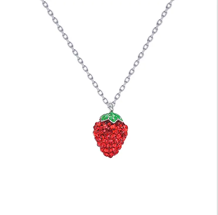Fashion Girls Jewellery Red Rhinestone Strawberry Choker Necklace Silver Color Chain Fruit Necklace