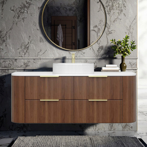 Meuble-lavabo de salle de bain moderne avec tiroirs, design circulaire, en bois de chêne brun, tendance 2026, personnalisable, tailles sur mesure - Product Image 1