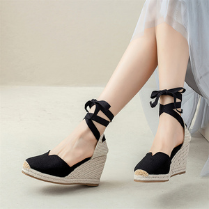 Sandalias de Plataforma con Cuña Negras para Mujer, Parte Superior de Lona Transpirable, Suela de Yute, Calzado Diario, Cierre de Tiras en el <span class=keywords><strong>Tobillo</strong></span>, Antideslizantes, Zapatos de Verano - Product Image 3