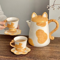 Bouilloire en céramique en forme de chat de dessin animé mignon, design unique fait main, avec soucoupe, pour eau, thé, lait, ensemble avec tasse