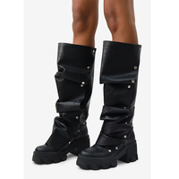 Vente chaude femmes plate-forme Slouchy replier bottes mollet bloc talon bout rond Western sans lacet botte de mode