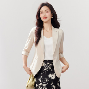 Women's Blazer Apricot Solid Color Three Quarter Sleeve Slim Fit Spring Summer 2026 Pocket Design Versatile Suit Jacket - Product Image 1