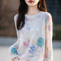 Pull en cachemire col rond pour le printemps et l'été, motif peinture Inkash, jacquard, manches longues, tricoté