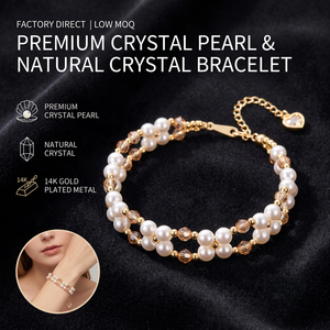 <span class=keywords><strong>Bracelet</strong></span> double couche tissé de <span class=keywords><strong>perles</strong></span>, plaqué or véritable 14 carats, cristal naturel, pour boutique de mariée, vente en gros, logo personnalisé, OEM - Product Image 1